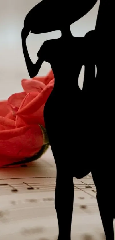 Silhouette of women with red rose and musical notes.