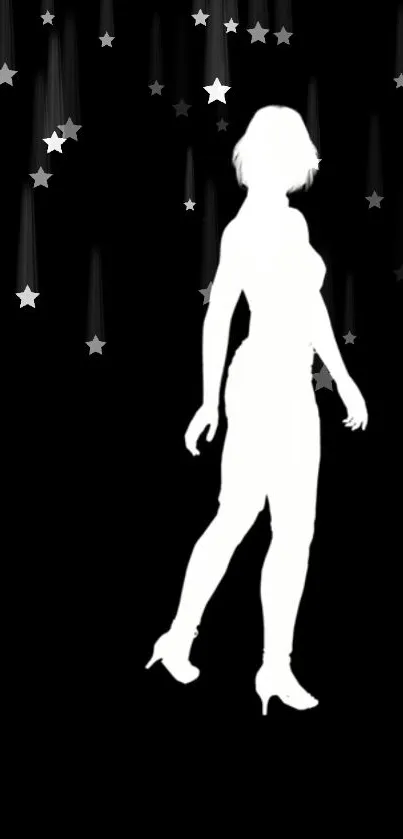 White silhouette of a woman with starry black background.