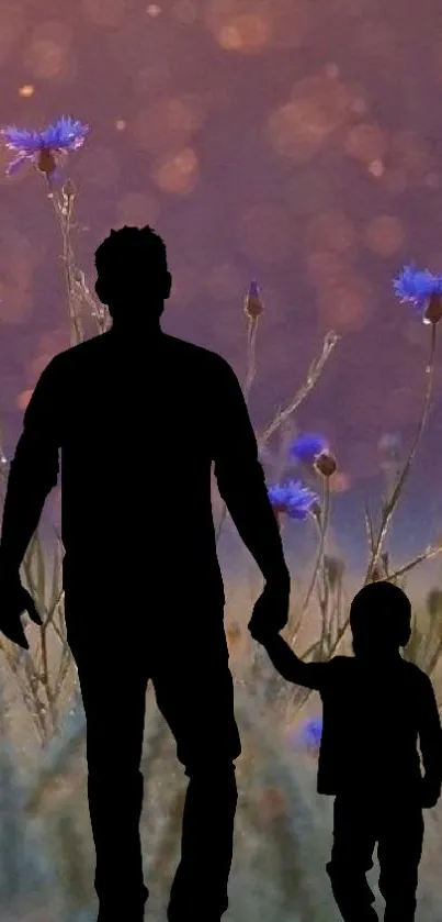 Silhouette of a parent and child with wildflowers background on mobile wallpaper.