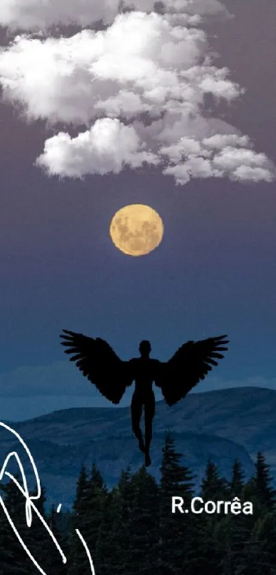 Silhouetted angel with wings against a moonlit night sky over a forest.