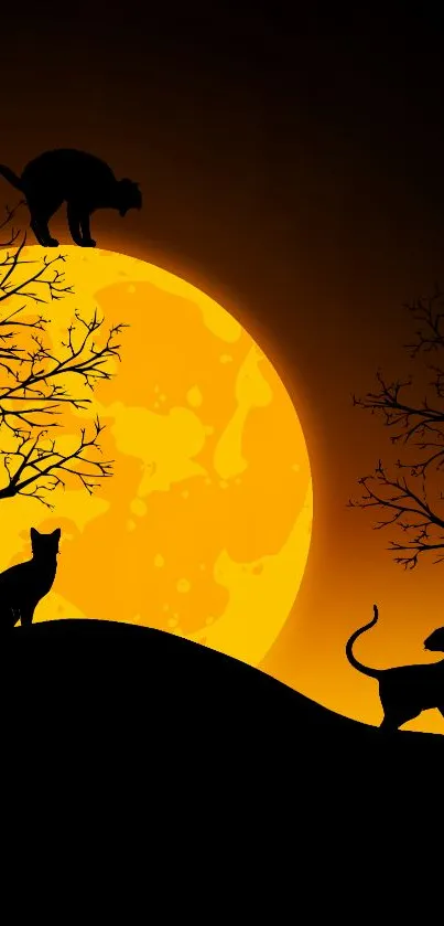 Cat silhouettes under a vivid yellow moon.