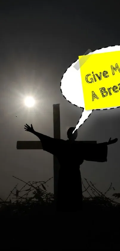 Silhouette holding cross under the sun with humorous text.