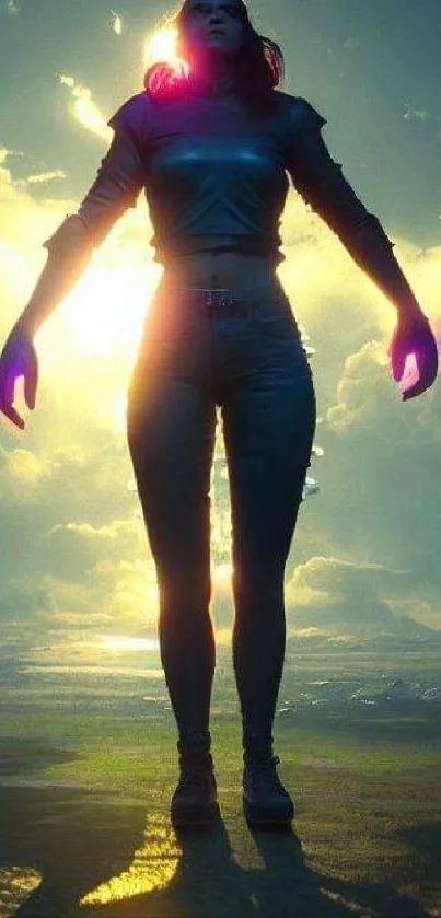 Silhouette of a woman with sunlight in the background, on a mobile wallpaper.