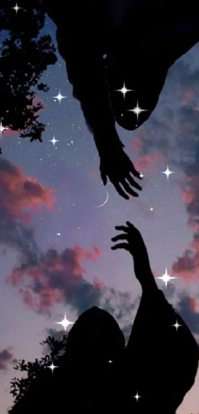 Silhouetted hands reaching at twilight with crescent moon and stars.