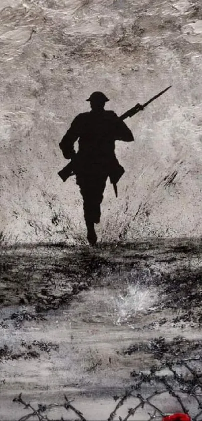 Silhouetted soldier runs in gray battlefield with red poppies and barbed wire.