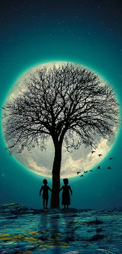 Silhouetted tree under full moon with night sky.