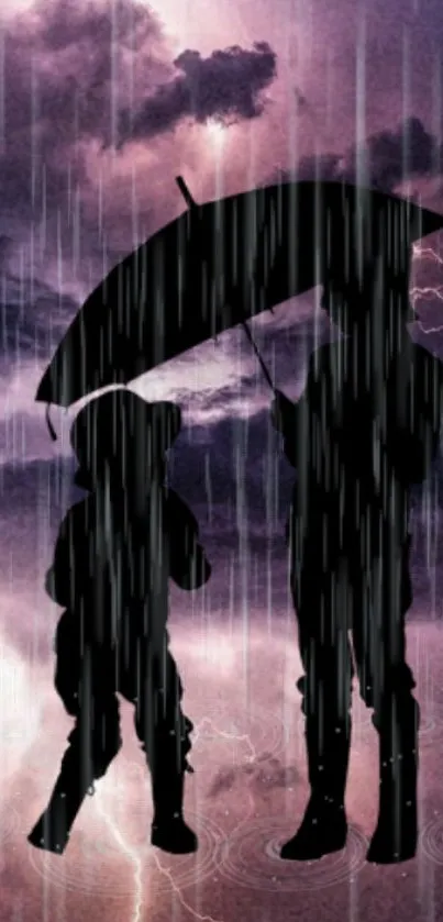 Silhouetted figures under umbrella in rain.