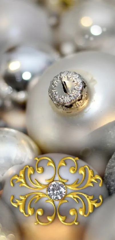 Elegant silver and gold ornaments with glitter for festive mobile wallpaper.