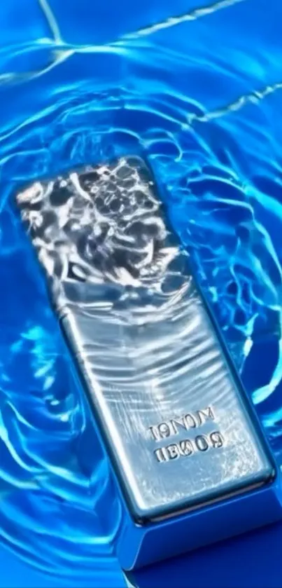 Silver bar submerged in rippling blue water creating reflections.