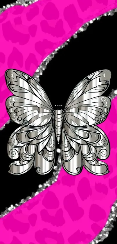 Silver butterfly with vibrant pink stripes background.
