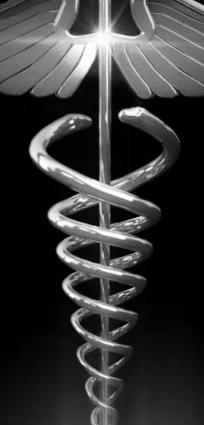 Silver caduceus symbol with wings on a black background.