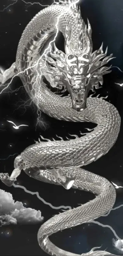 Silver dragon with lightning on dark background.