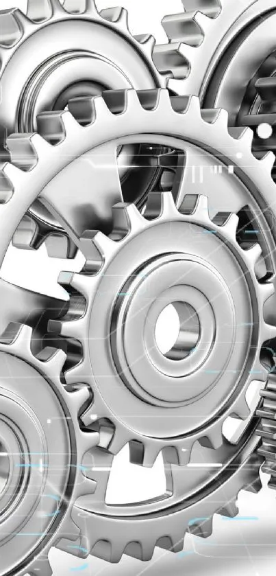 Silver gears interlocking in a dynamic industrial design.