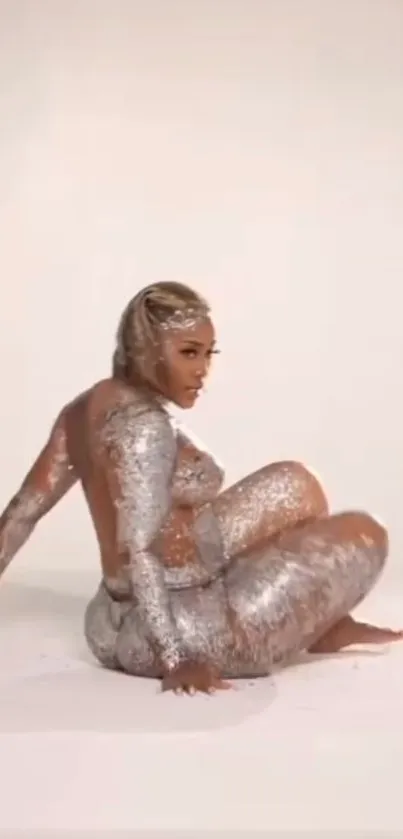 Model covered in silver glitter sitting on a neutral background.