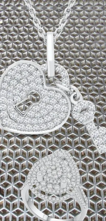 Heart-shaped diamond jewelry lock and key on patterned background.