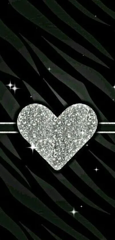 Silver heart on black zebra background wallpaper.