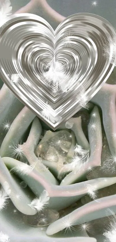 Silver heart with feathers on a succulent background wallpaper.