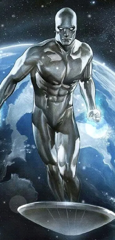 Silver superhero soaring above Earth in cosmic wallpaper art.