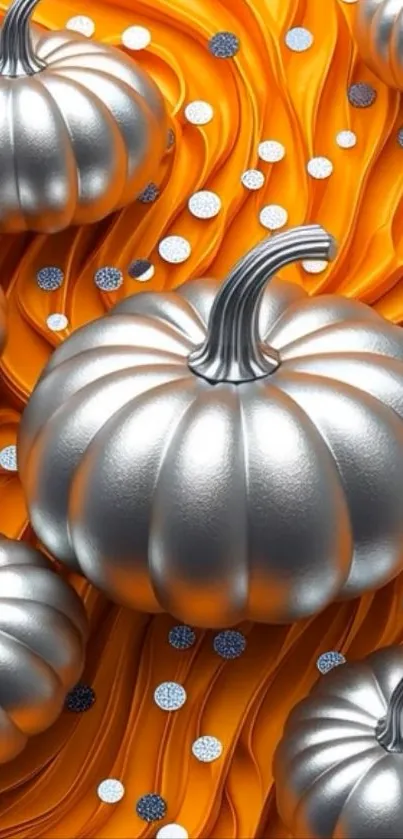 Silver pumpkins on orange textured background wallpaper.