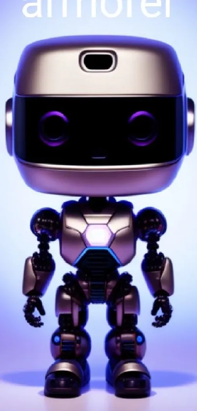 Futuristic silver robot glowing with blue and purple aura.