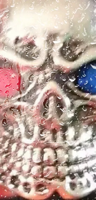 Detailed closeup of a silver skull ring with red and blue eyes.