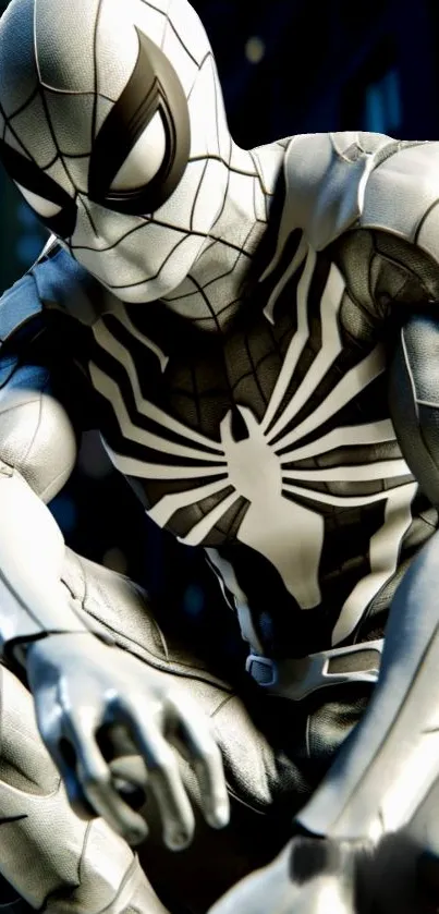 Silver Spider-Man mobile wallpaper with dynamic design and bold contrast.