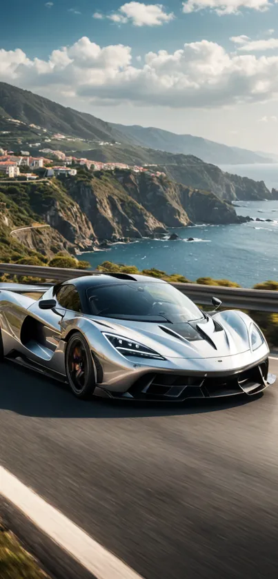 Silver supercar speeding along scenic coastal road.