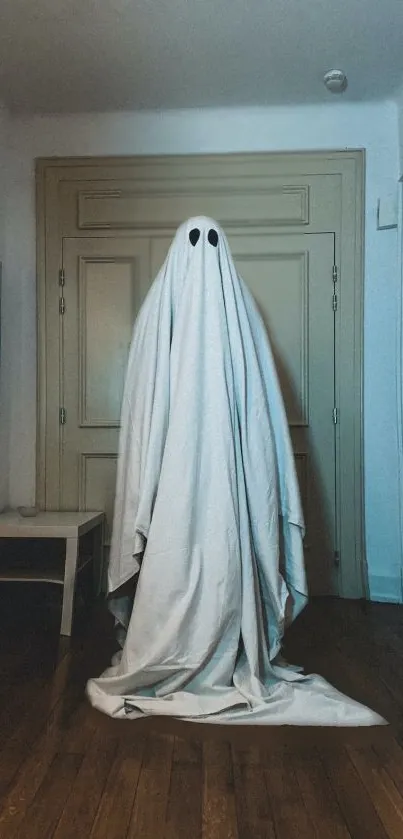 Ghost covered in white sheet in a room, spooky wallpaper.