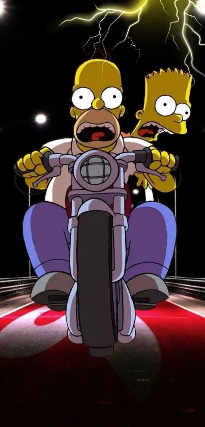 Homer and Bart riding a motorcycle at night in this mobile wallpaper.