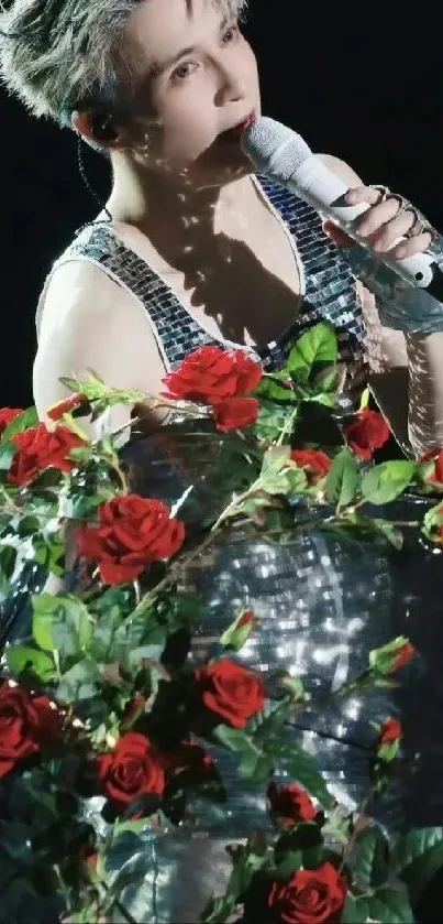 A singer performing on stage with red roses.