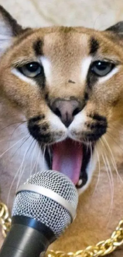 Caracal singing into a microphone, wearing a gold chain.