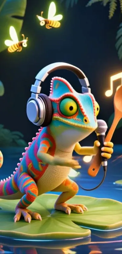 Colorful chameleon with headphones singing on a lily pad.