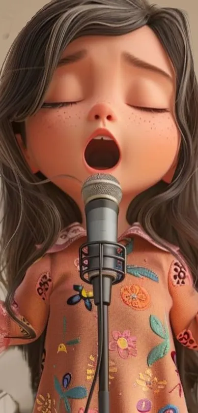 Animated girl singing with passion into a microphone