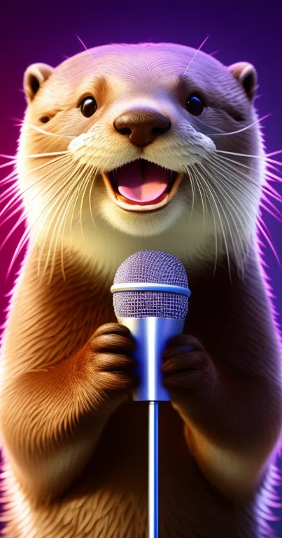 Charming otter holding a microphone with a vibrant purple gradient background.