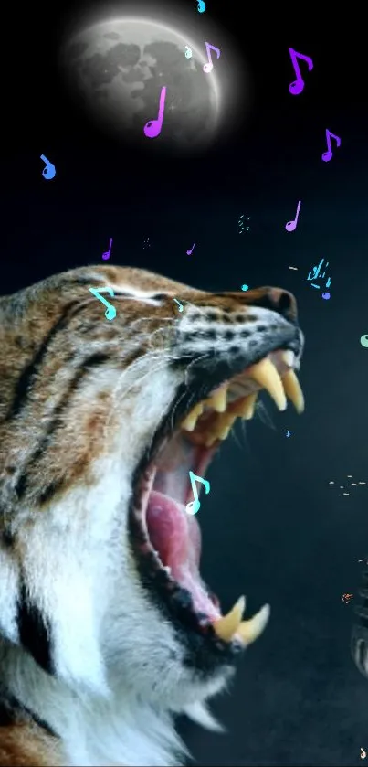 Tiger roaring into a vintage microphone under spotlight.
