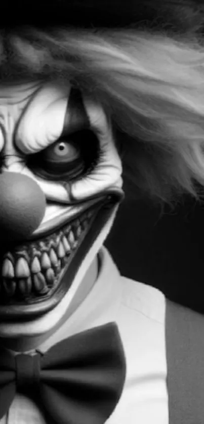 Sinister clown with sharp features in a dark, haunting wallpaper.