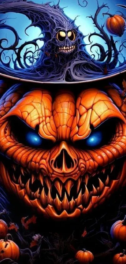 Sinister Halloween pumpkin with dark vines and glowing blue eyes.