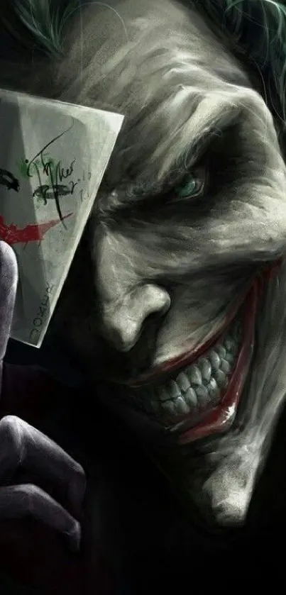 Dark Joker character holding a card with a sinister smile on a phone wallpaper.