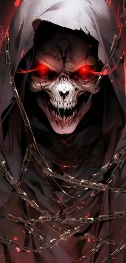 Dark skull with glowing red eyes and chains wallpaper.