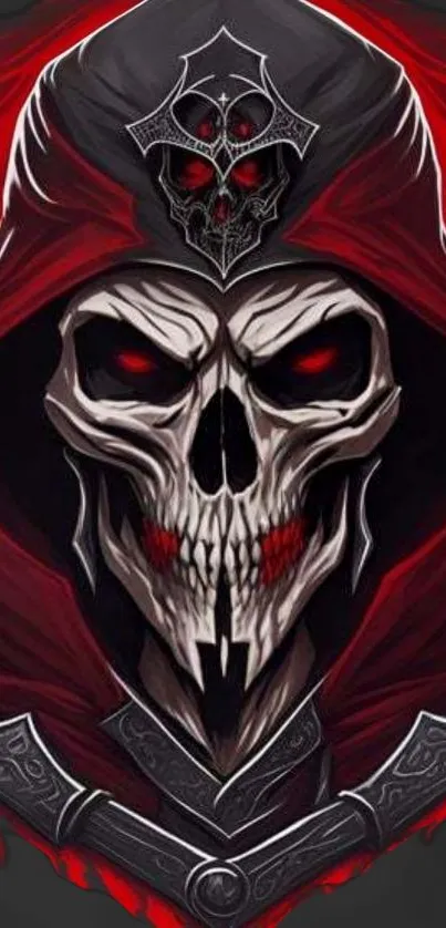 Eerie skull in red hood theme wallpaper for mobile.