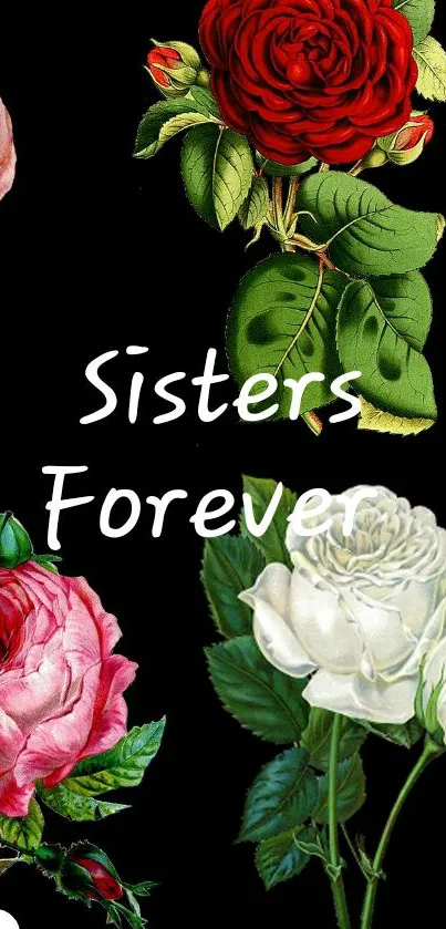 Sisters Forever rose wallpaper with black background and vibrant flowers.