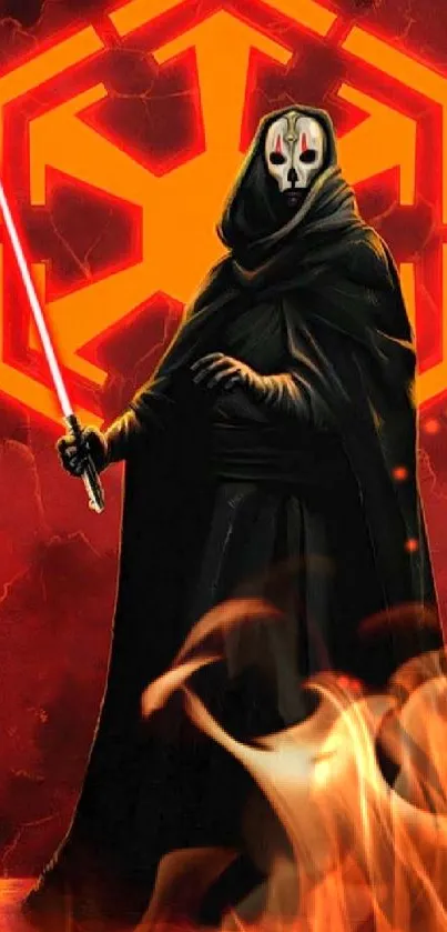 Sith Lord with red lightsaber on a dark background.