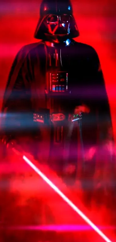 Sith Lord with red lightsaber in vivid, glowing red mist.