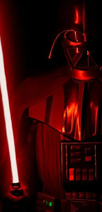 Sith Lord in red glowing armor with lightsaber.