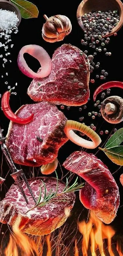 Artistic steak and spices wallpaper with flames.