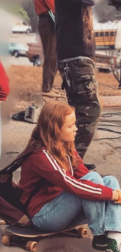 Girl sitting on skateboard in urban area, wearing red jacket.