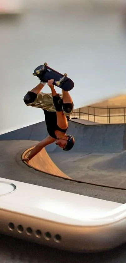 Skateboarder performing trick emerging from phone screen, creating a stunning illusion.