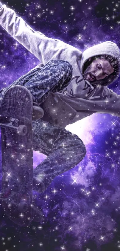 Skateboarder performing tricks in a cosmic purple galaxy background.