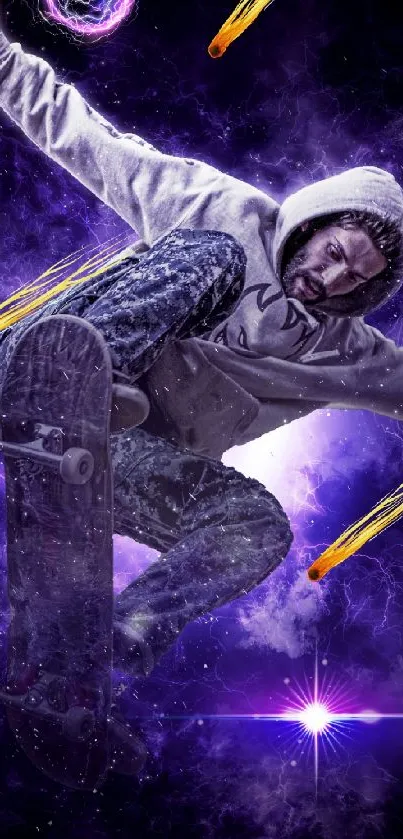 Skateboarder performing tricks with a cosmic purple neon background.