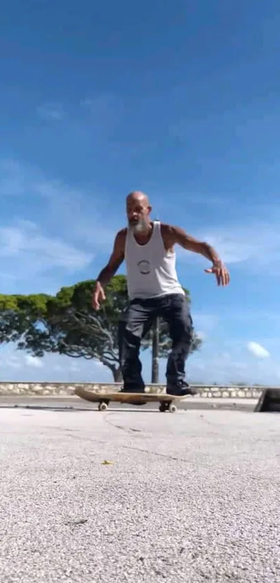 Skateboarder gliding through scenic outdoor landscape with blue sky.